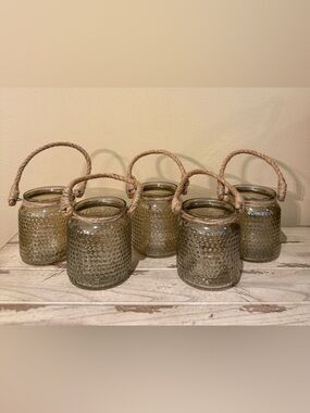 Rustic Nautical Rope Wrapped Hobnail Glass Jar Vase Candle Holders Set of 5